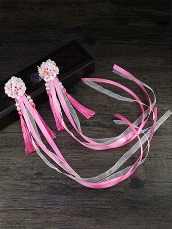ローズレッドロリータ髪飾り中国風フリンジ 花リボン ロリータヘアアクセサリー