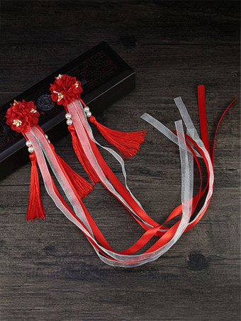 レッド ロリータ髪飾り中国風フリンジ 花リボン ロリータヘアアクセサリー