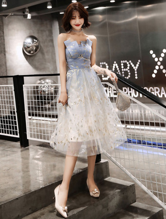 Prom Dress 2024 A Line Sleeveless Tea Length Lace Social Party Dresses