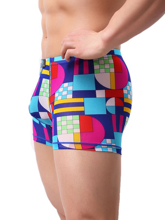 男性パンティープリントアクア幾何ライクラシルクボクサーブリーフランジェリー