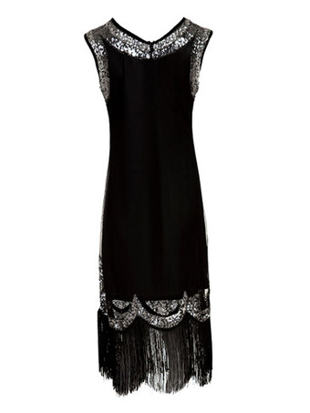 レディースフラッパードレス　2025　ブラック　1920s　グレートギャツビー　フリンジスパンコールコスチューム　レトロコスチュームハロウィン