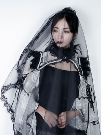 ブラックブライダルベール　黒 髪飾り 長い ハロウィン 仮装 コスプレレースチュール ハロウィンコスプレアクセサリー