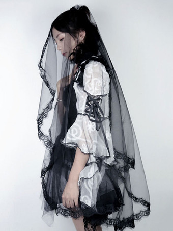 ブラックブライダルベール　黒 髪飾り 長い ハロウィン 仮装 コスプレレースチュール ハロウィンコスプレアクセサリー