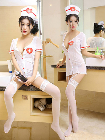 ホワイト セクシーなナースコスチュームハロウィンホワイト3ピース女性コスチュームセット