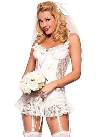Костюмы невесты Белые женские кружевные оборки Тедди Сексуальные костюмы Хэллоуин
