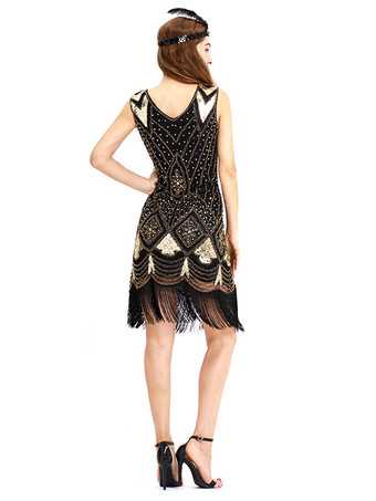 レディースフラッパードレス　2025　フリンジスパンコール　1920s　グレートギャツビーコスチューム　ブラック　ゴールドヴィンテージコスチュームハロウィン バーガンディ