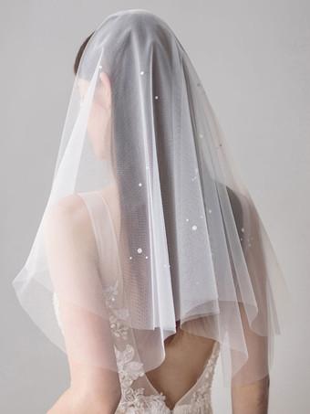 Ivory Wedding Veils One-Tier Tulle Finished Edge Waterfall Long Bridal Veil  - Milanoo.com