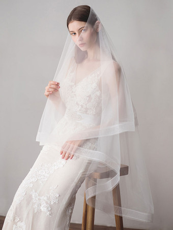 White Tulle One-tier Cathedral Length Bridal Veil with Lace Trim