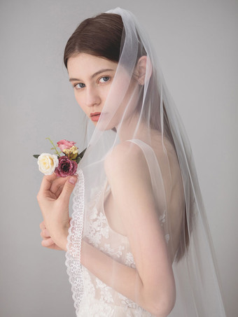 Elfenbein Brautschleier Tüll One Tier Lace Applique Edge Brautschleier