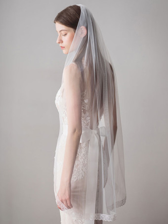 Elfenbein Brautschleier Tüll One Tier Lace Applique Edge Brautschleier