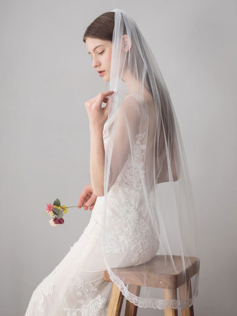 Elfenbein Brautschleier Tüll One Tier Lace Applique Edge Brautschleier