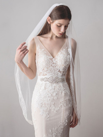 Elfenbein Brautschleier Tüll One Tier Lace Applique Edge Brautschleier