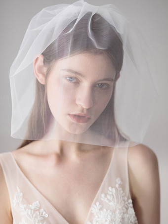 ショートウェディングベールアイボリーチュール2層カットエッジブライダルベール