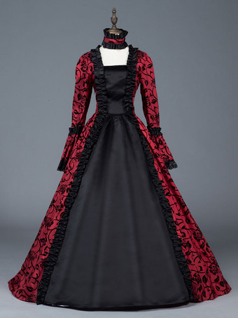 Victorian Dress Costume Women's Red Bow Floral Print Square Neckline Long Sleeves Matte Satin Dress Victorian Era Style Ball Gown Halloween