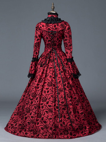 プリンセス 女性用 貴族ドレス 中世 ドレス レッド 長袖 マットサテン サテン マルディグラ ドレス ヴィクトリア風 中世 ドレス・貴族ドレス ヨーロッパ 宮廷風 レトロ バーガンディ