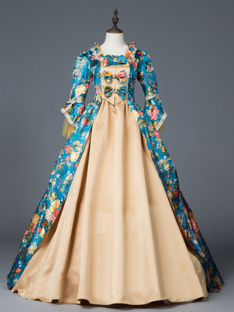Robe victorienne Costume robe de bal bleu sarcelle imprimé Floral arc à volants Satin mat ensemble Marie Antoinette Rococo demi manches robe Vintage