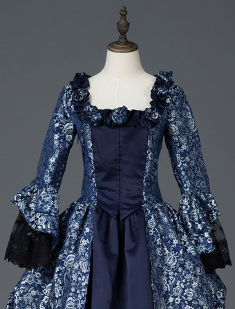 プリンセス 女性用 貴族ドレス 中世 ドレス ダークネイビー 長袖 マットサテン サテン ページェント ドレス ヴィクトリア風 中世 ドレス・貴族ドレス ヨーロッパ 宮廷風 レトロ