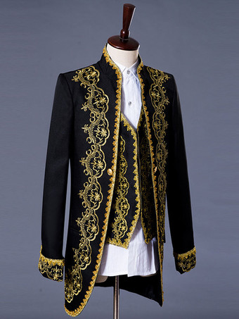 ブラック チョッキとパンツ3ピース衣装を持つ男性のヴィンテージコスチューム貴族スタイルブレザージャケットハロウィン