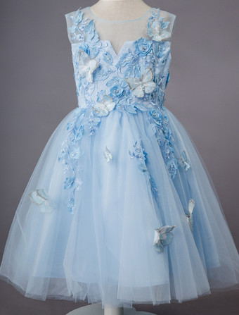 Wedding Flower Girl Dress Bambini Abiti da festa formale Baby Blue Lace Tulle Knee Length Butterfly Princess