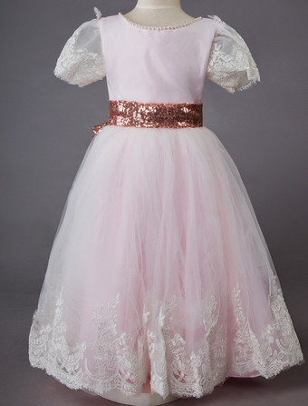 Boda vestido de niña de flores manga corta de encaje rosa niños vestido de fiesta social