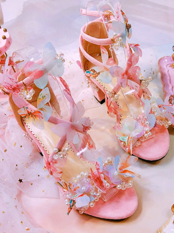 Sweet Lolita Sandals Butterfly Pink Chunky Heel Lolita Summer Shoes
