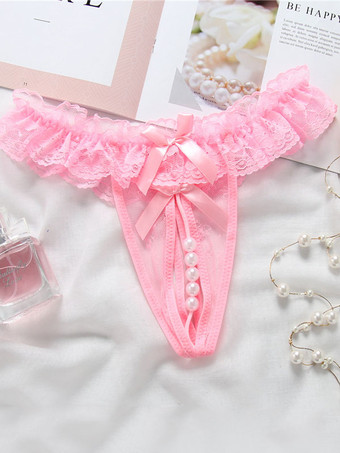 ピンククロッチレス 女性のパンティー女性のポリエステルレースの弓真珠カットアウトTバックセクシーなランジェリー
