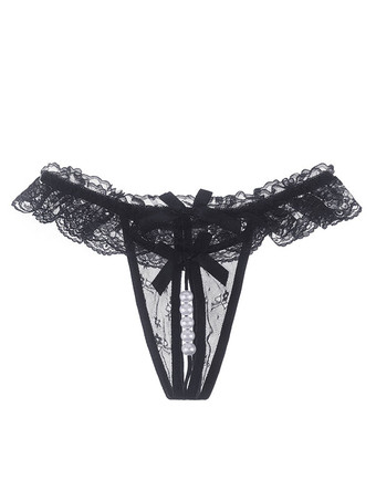 クロッチレス 女性のパンティー女性のポリエステルレースの弓真珠カットアウトTバックセクシーなランジェリー