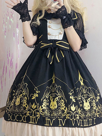 甘いロリータJSKドレス時計バニーホットスタンピング弓黒ロリータジャンパースカート