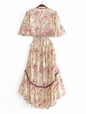 ボヘミアンワンピース ピンク ロングワンピース 半袖 ポリエステル プリント柄 不規則 ストラッピー レディースファッション Vネック レディースワンピース