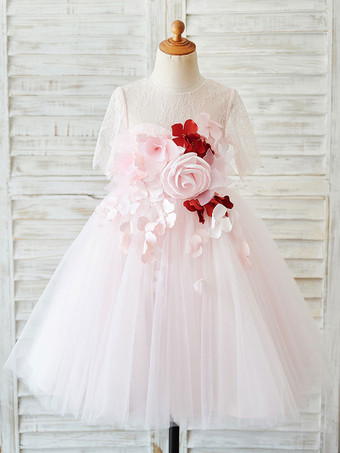 Vestidos da menina de flor de cetim flor mangas curtas jóia do pescoço macio rosa vestidos de festa de crianças