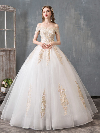 Wedding Dresses 2024 Ball Gown Off Shoulder Golden Lace Appliqued Floor Length Bridal Dress