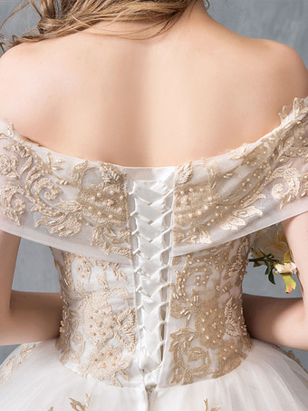 プリンセスウェディングドレス ボートネック ブライダルドレス アイボリー レースアップ 結婚式 花嫁ドレスウェディング ナチュラルウェストライン パール ウェディングドレス