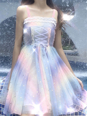 Sweet Lolita JSK Dress Stepping On The Rainbow Stars Print Bows Sequins Light Sky Blue Lolita Jumper Skirts