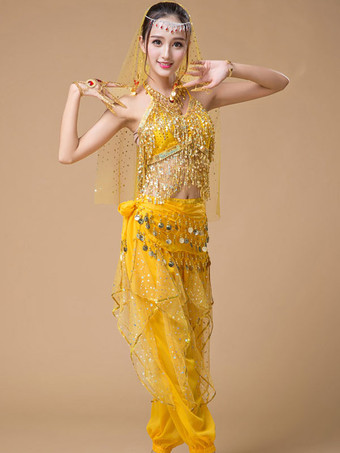 イエローベリーダンス衣装　スパンコール　アラビアン 衣装　フリンジ　ローズ水玉　ベリーダンサー　チュール　着用女性