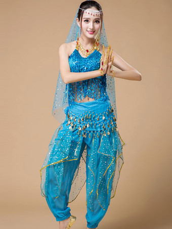 ライトスカイブルーベリーダンス衣装　スパンコール　アラビアン 衣装　フリンジ　ローズ水玉　ベリーダンサー　チュール　着用女性