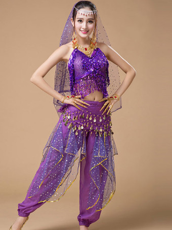 パープル ベリーダンス衣装　スパンコール　アラビアン 衣装　フリンジ　ローズ水玉　ベリーダンサー　チュール　着用女性