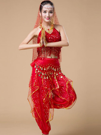 レッドベリーダンス衣装　スパンコール　アラビアン 衣装　フリンジ　ローズ水玉　ベリーダンサー　チュール　着用女性