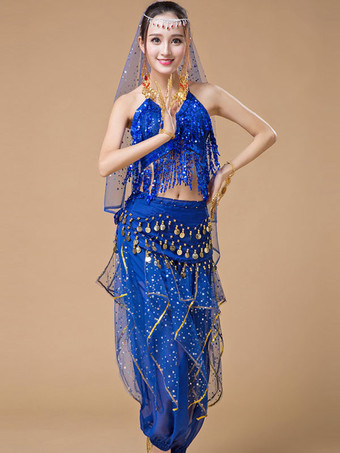 ブルー ベリーダンス衣装　スパンコール　アラビアン 衣装　フリンジ　ローズ水玉　ベリーダンサー　チュール　着用女性