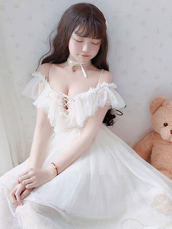 Sweet Lolita OP Dress White Ruffles Lace Up Lolita One Piece Abiti
