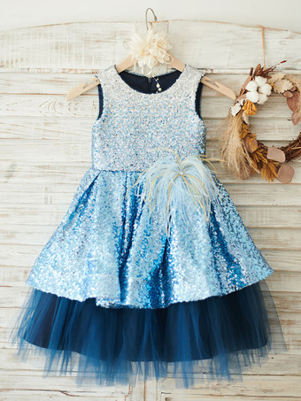 Vestidos de niña de flores Bebé azul Joya Cuello sin mangas Plumas Vestidos de fiesta para niños