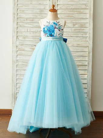Blumenmädchen Kleider Prinzessin Babyblau Abendkleider für Hochzeit Mit Schleppe mit Rundkragen Hochzeit Tüll ärmellos kleid blumenmädchen