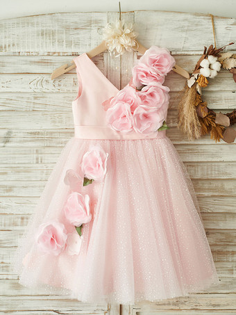 Vestidos de menina de flor rosa com decote em v sem mangas flor de cetim vestidos de festa de crianças