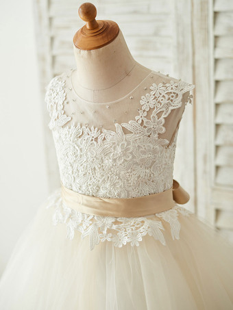 Robes cortège enfant a ceinture sans manches col montant robes de soirée pour enfants