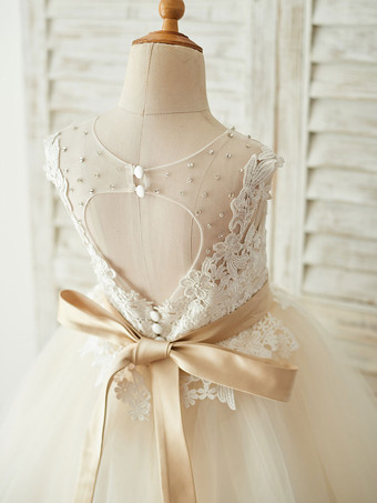 Robes cortège enfant a ceinture sans manches col montant robes de soirée pour enfants