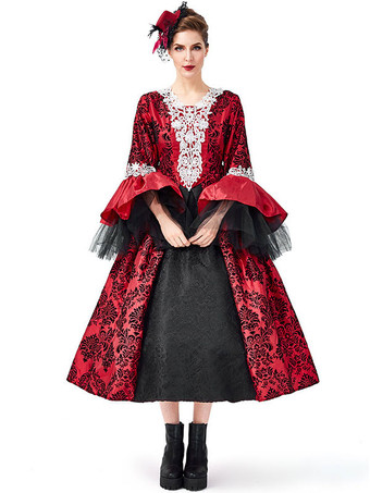 Victorian Dress Costume Retro Costumes Lace Tulle Printed Red Dress Women's Trumpet Long Sleeves Lace Up Ball Gown Retro Costume Masquerade Viactorian Era Clothing
