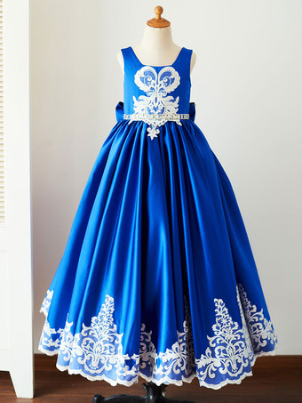 Blumenmädchen Kleider Prinzessin Königsblau Abendkleider für Hochzeit bodenlang V-Ausschnitt Satingewebe ärmellos kleid blumenmädchen
