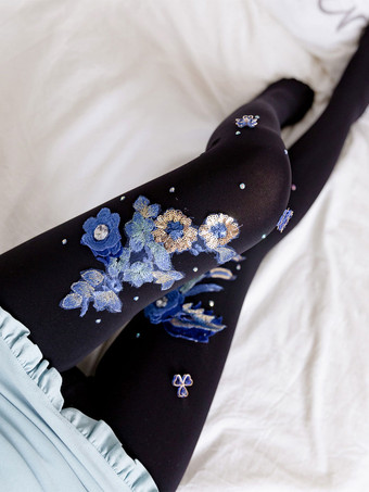 ブラック エキゾチックロリータソックス白い花パンスト