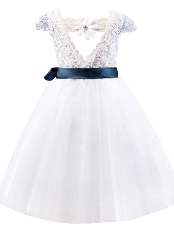 Blanc Robes cortège enfant ivoire col rond manches courtes Robe de fille de fleur robe cérémonie
