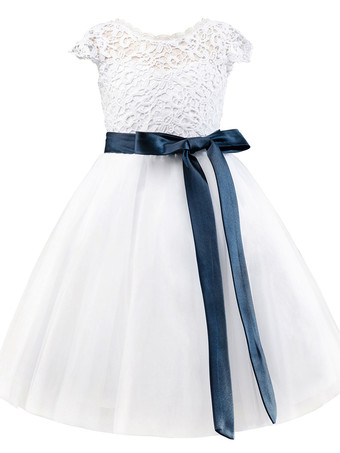 Robes cortège enfant ivoire col rond manches courtes Robe de fille de fleur robe cérémonie