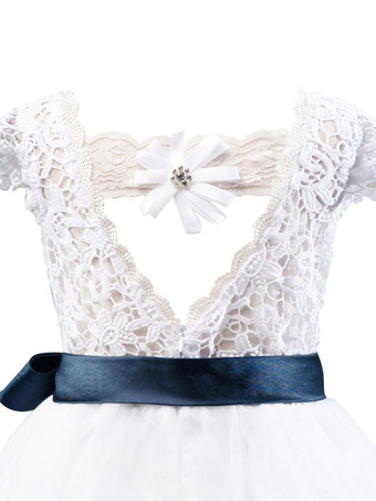 Robes cortège enfant ivoire col rond manches courtes Robe de fille de fleur robe cérémonie